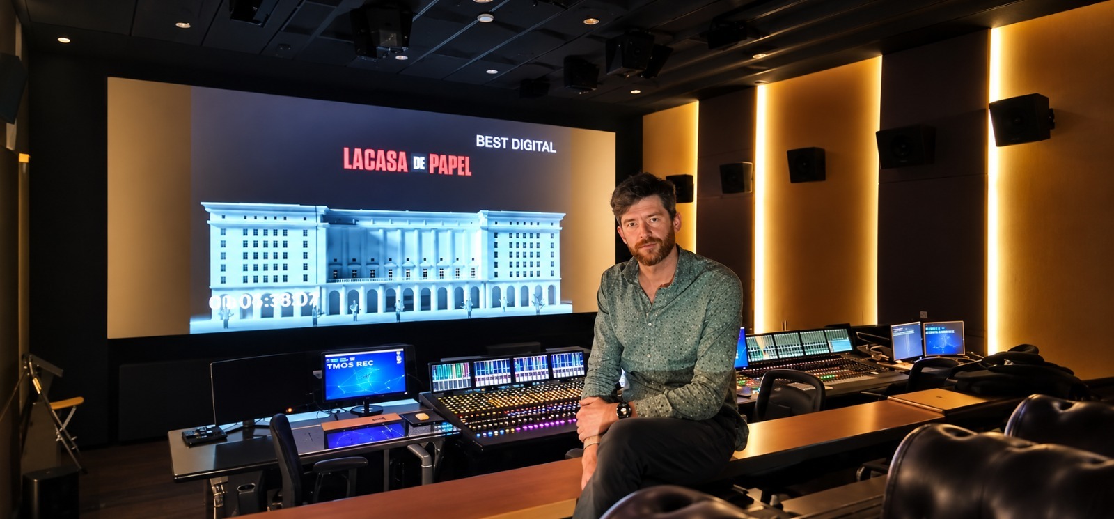Dolby Atmos mix stage with Money Heist on screen
