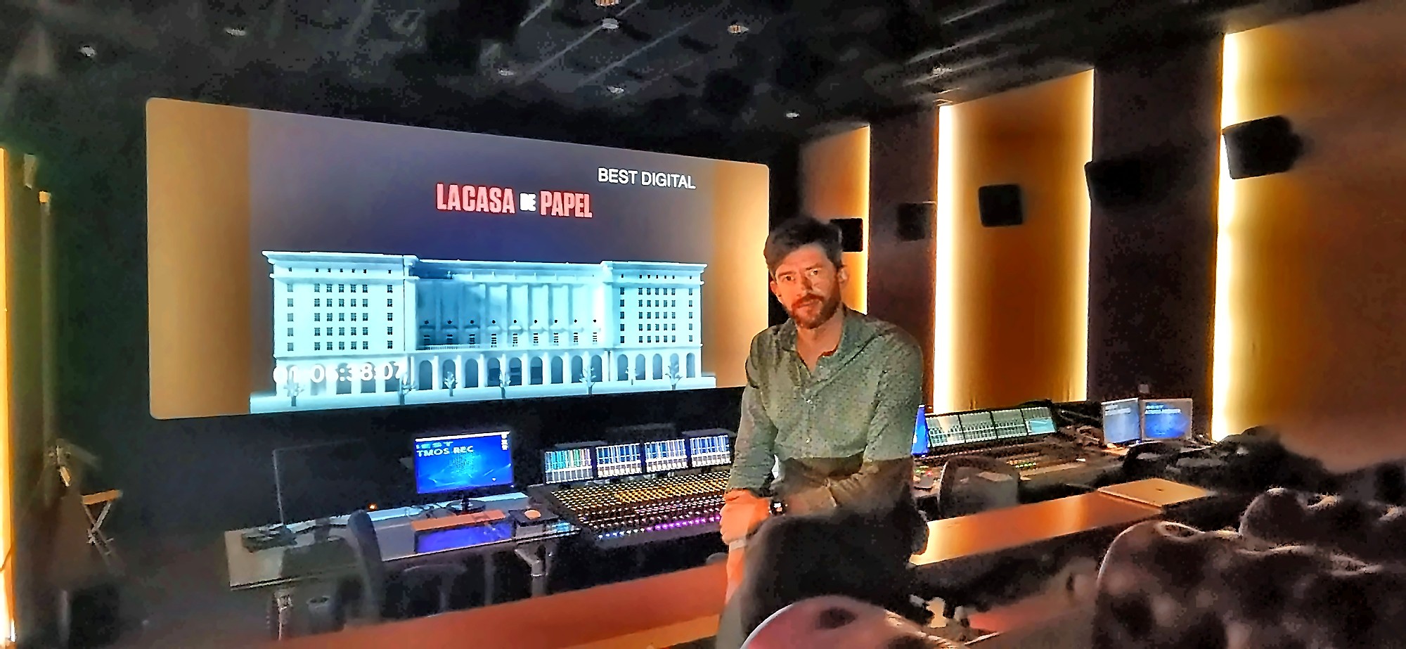 Dolby Atmos mix stage with Money Heist on screen